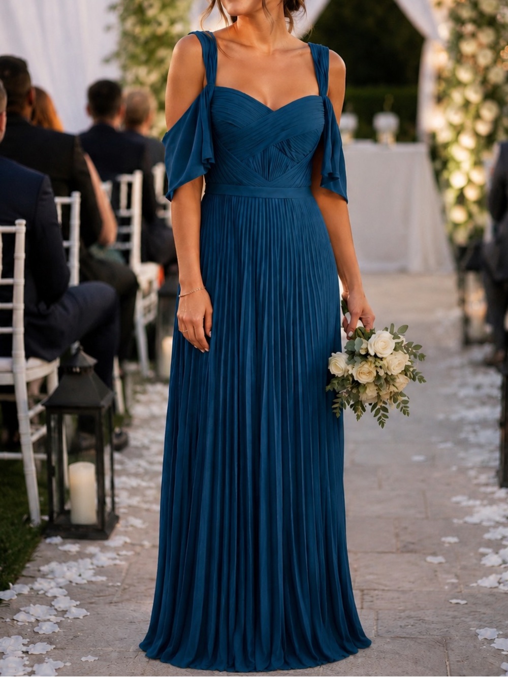 Christian Siriano Deep Teal Pleated Maxi Dress with Draped Off-Shoulder Straps